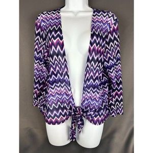 Chicos Travelers Top Tie Front 3/4 Sleeve Zig Zag Purple Size 2 L 12/14